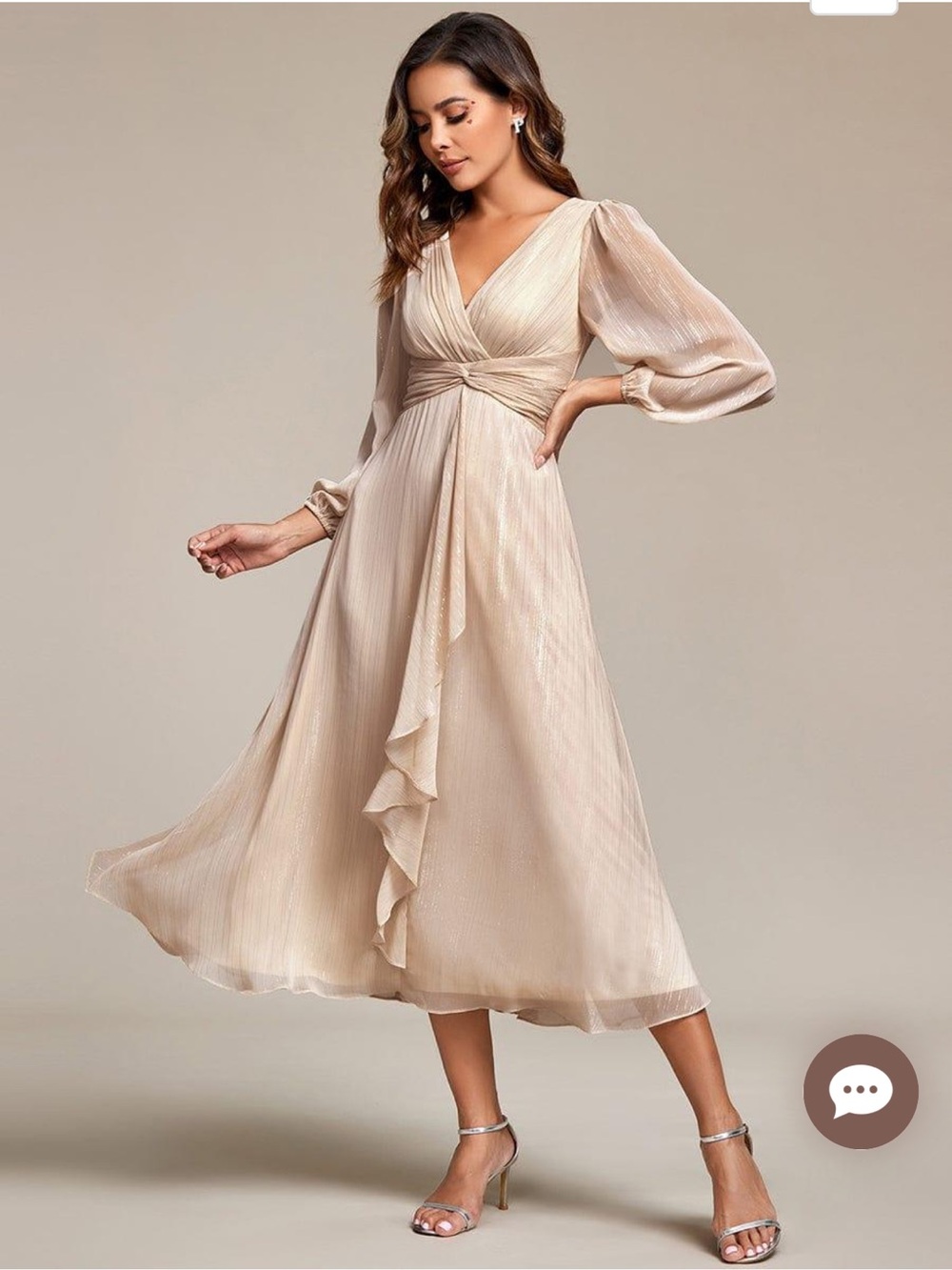 See-Through Long Sleeve Twist Knot A-Line Lotus Leaf Shimmering Evening Dress - Picture 3 of 10